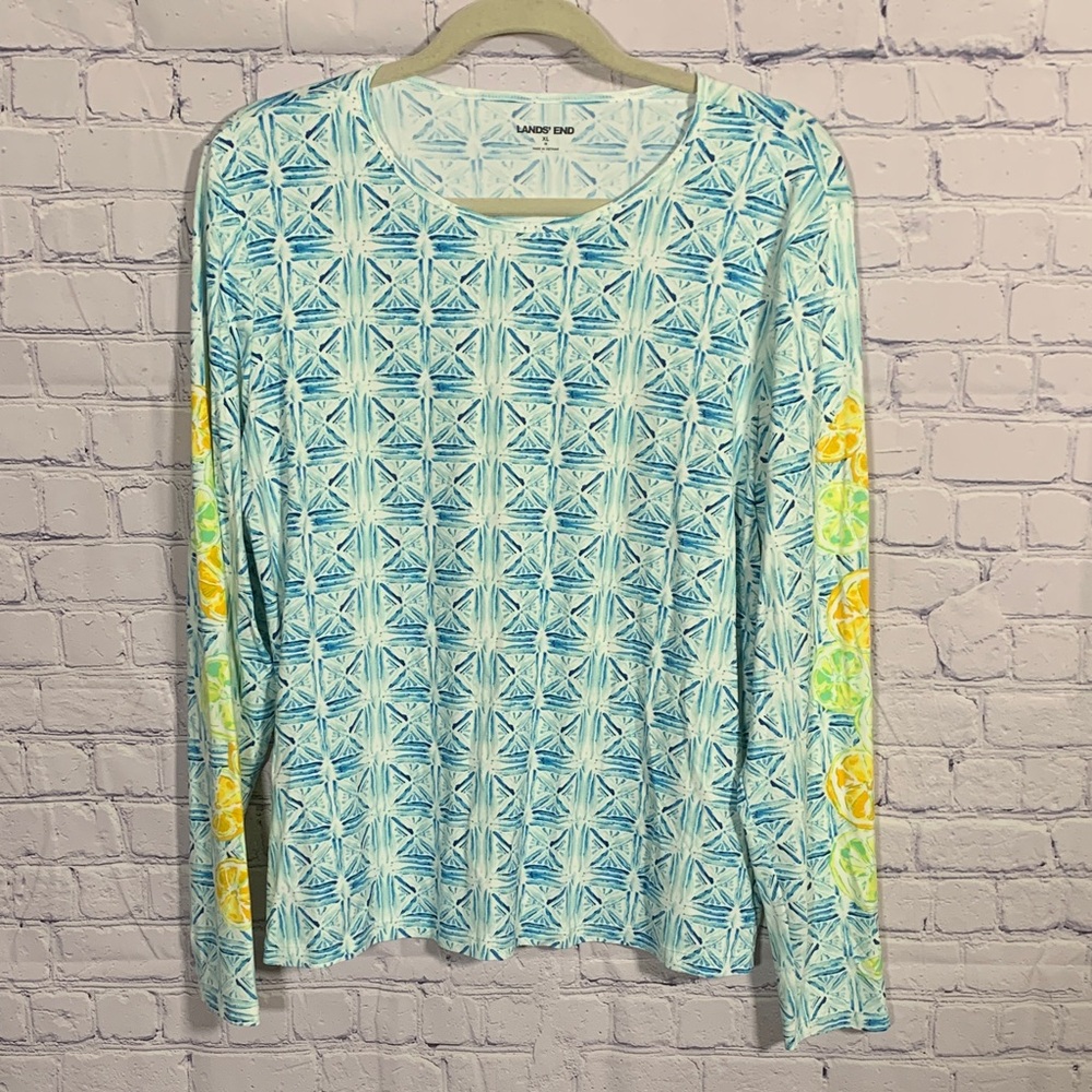 Lands End Womens Long Sleeve Rash Guard Citrus & Geometric Print Blue Yellow XL